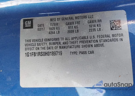 2017 Chevrolet Camaro 1Lt z USA, uszkodzony, nr VIN 1G1FB1RS0H0189719